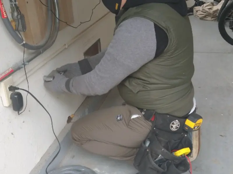 Electrician performing outlet wiring in a Galena Park garage